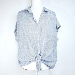Weatherproof Vintage Washable Linen Women's Top XXL Blue and White Pinstripe